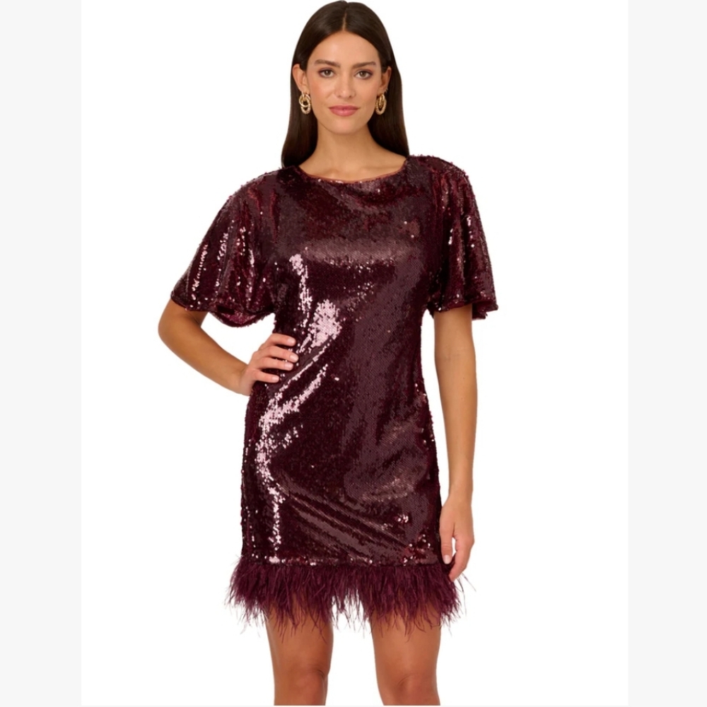 Liv Foster Flutter Sleeve Sequin Dress With Open Back, Feather Trim In Burgundy